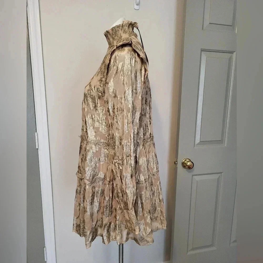 Elan Floral Metallic Mock Neck Smocked Tiered Long Sleeve Mini Dress(M)NWT - Picture 3 of 9